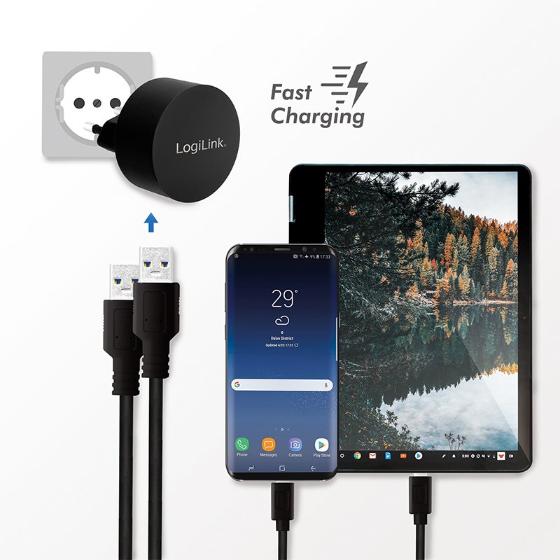 LogiLink USB wall socket adapter, 2x USB-A port, fast charging, black