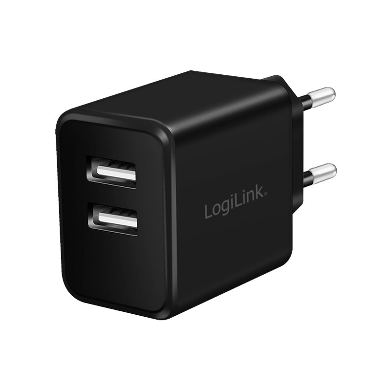 LogiLink USB wall socket adapter, 2x USB-A, 12 watt, black
