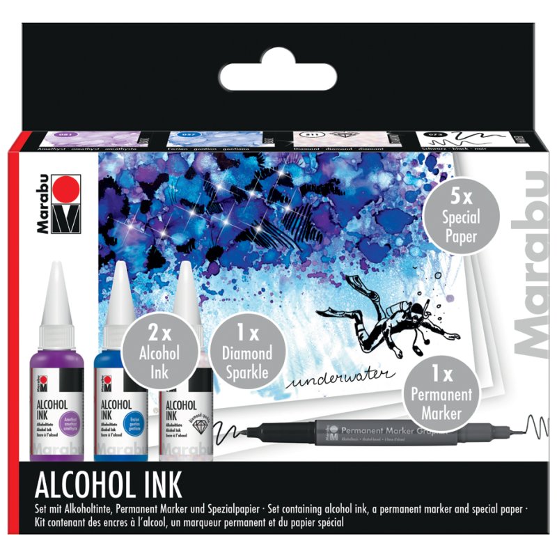 Marabu permanente alcoholinkt set Underwater, 3×20 ml, zwarte marker