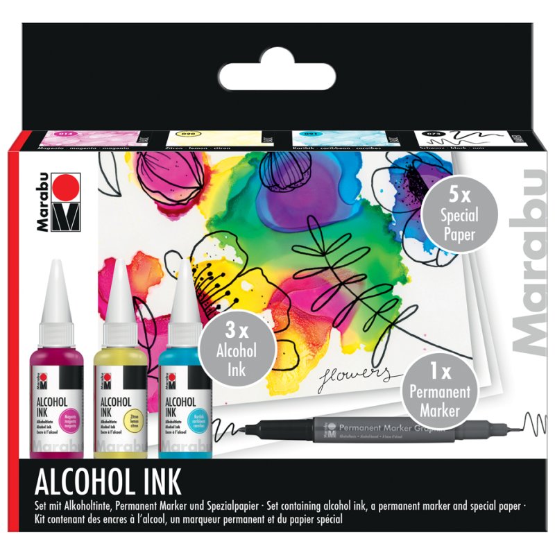 Marabu alcohol inkt set Bloemen, 3×20 ml, permanente marker zwart, speciaal papier A6