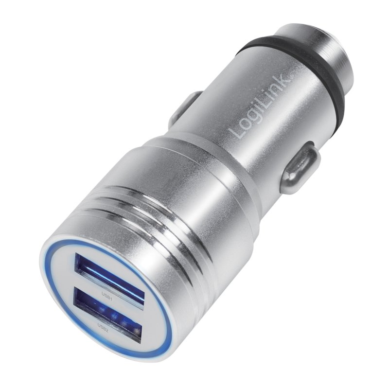 LogiLink USB car charger, silver, 2 ports, 12-24V