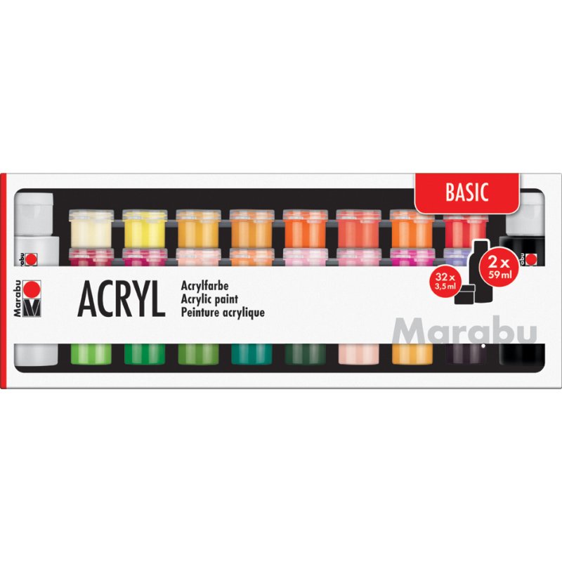 Marabu acrylverf set BASIC, 34 kleuren, 32 x 3,5 ml / 2 x 59 ml