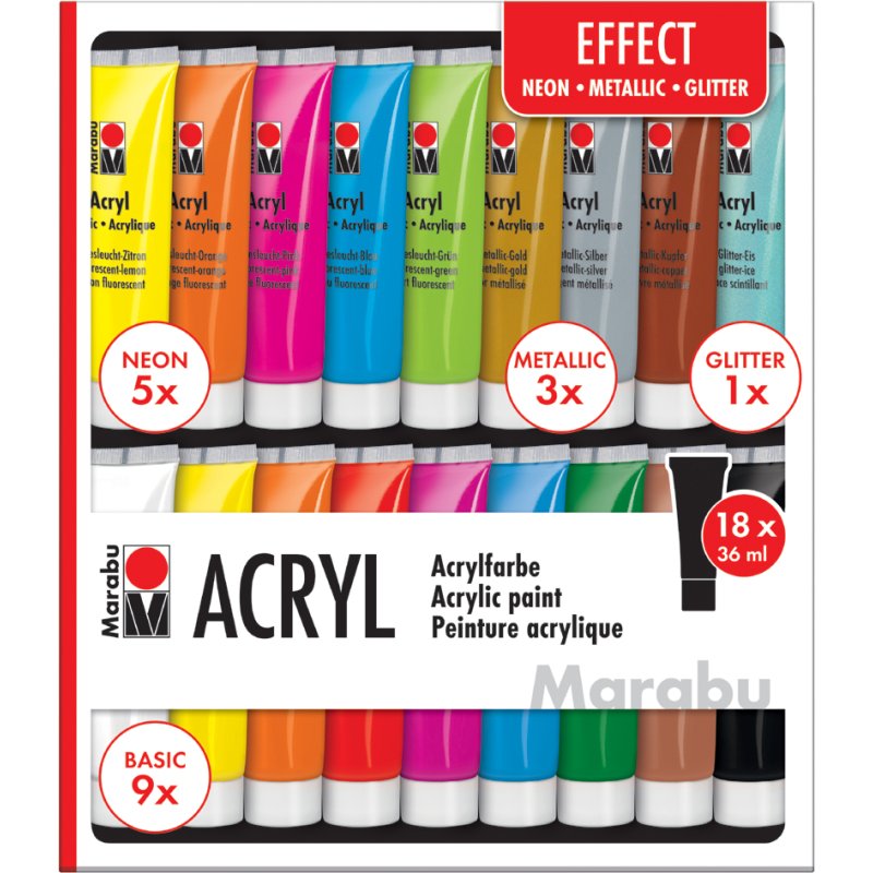 Marabu acrylic paint set, 18 tubes, waterproof