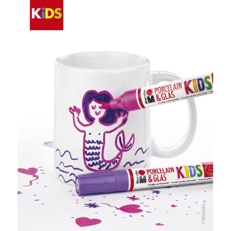 Marabu KiDS tekenset voor tassen TIM, witte mok, 2 stiften, kersrood en zwart