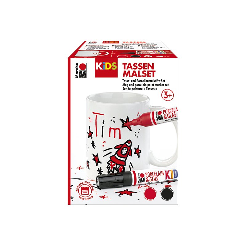 Marabu KiDS tekenset voor tassen TIM, witte mok, 2 stiften, kersrood en zwart