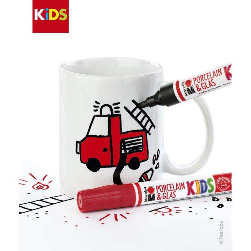 Marabu KiDS tekenset voor tassen TIM, witte mok, 2 stiften, kersrood en zwart