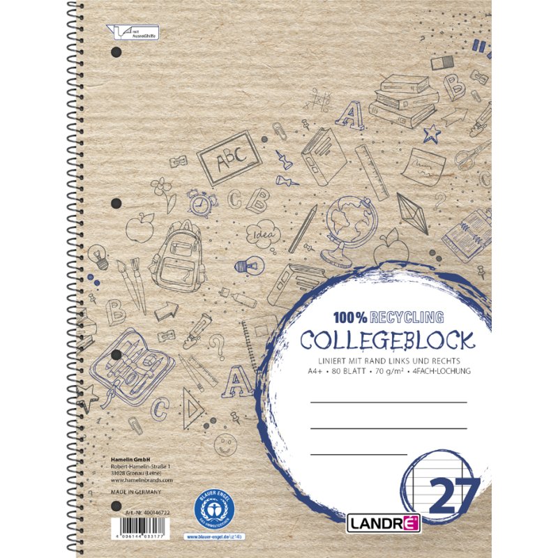 LANDRÉ cahier papier recyclé A4, ligné, bleu, 80 feuilles