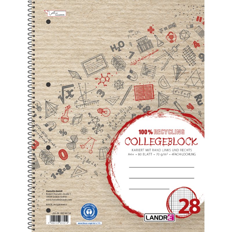 LANDRÉ cahier papier recyclé A4, ligné, bleu, 80 feuilles