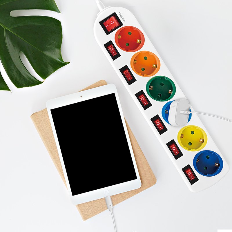 LogiLink 6-way power strip, 7 switches, multicolour, 1.5 m cable
