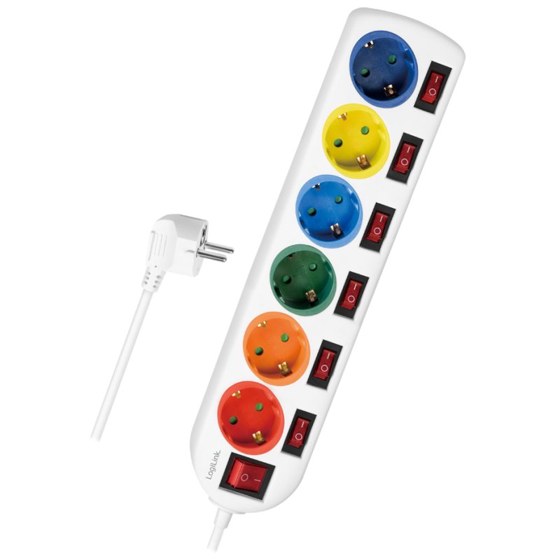 LogiLink 6-way power strip, 7 switches, multicolour, 1.5 m cable