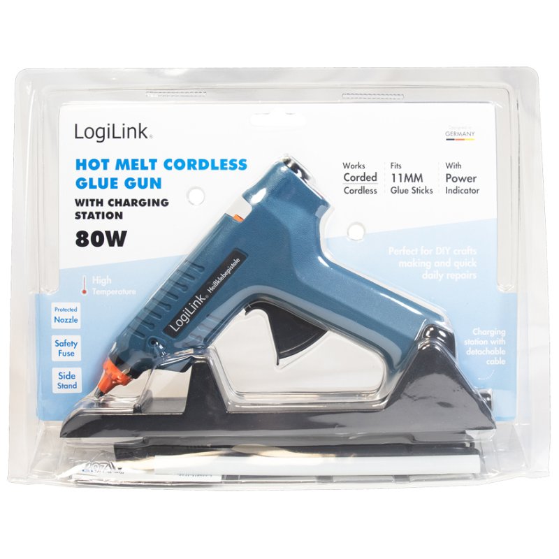 LogiLink pistolet à colle sans fil, 80 watts, bleu, avec station de charge