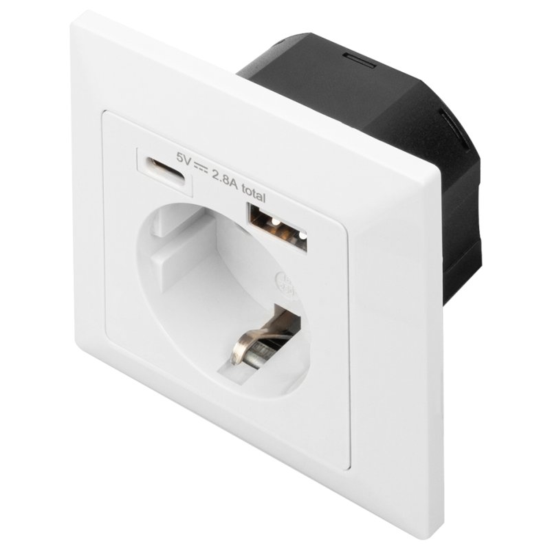 DIGITUS safety wall socket flush-mounted, USB-C and USB-A ports, white