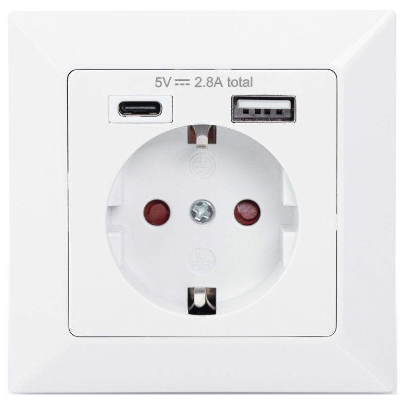 DIGITUS safety wall socket flush-mounted, USB-C and USB-A ports, white