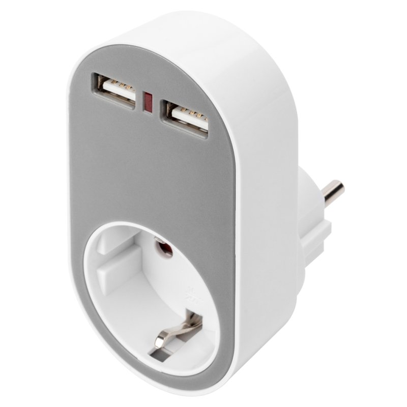 DIGITUS universele stekkeradapter met 2x USB-A poorten, wit/grijs, 250V 16A