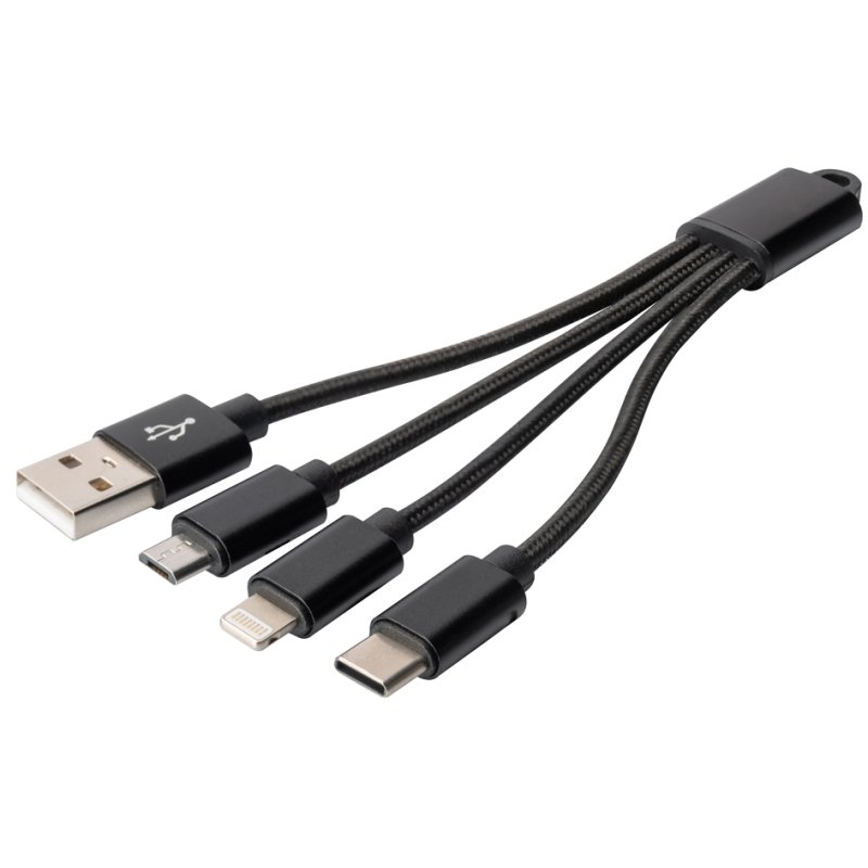 DIGITUS 3-in-1 oplaadkabel USB-A naar Lightning + Micro USB + USB-C, zwart, 0,15 m
