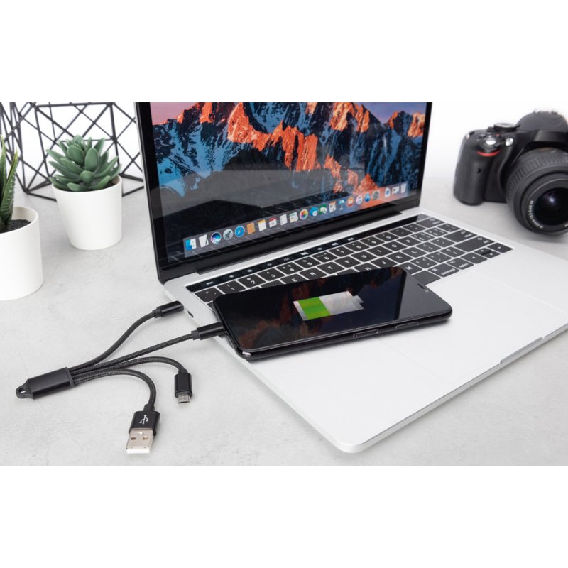DIGITUS 3-in-1 oplaadkabel USB-A naar Lightning + Micro USB + USB-C, zwart, 0,15 m