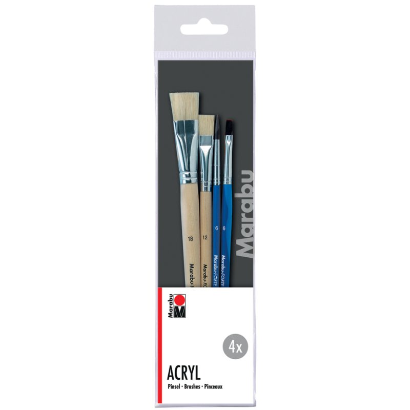 Marabu acrylkwastset, 4-delig, plat en rond, maten 6-18