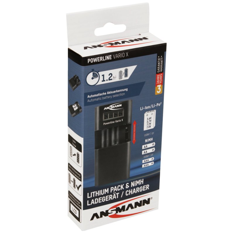 ANSMANN universele batterijlader Powerline Vario X, zwart, LCD-display, USB-aansluiting