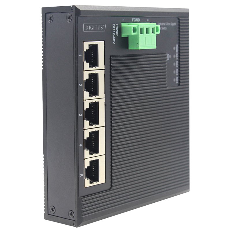 DIGITUS industrial gigabit switch, 5 ports, flat, black & blue