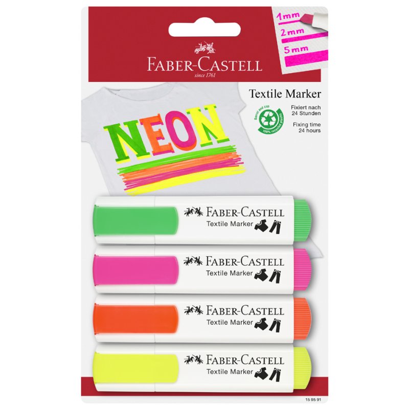 Faber-Castell textielstiften, neonkleuren, 4 stuks, 1,0-5,0 mm