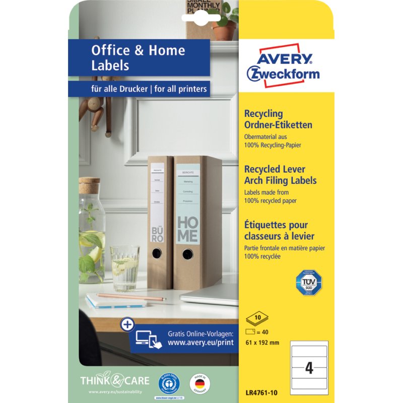 AVERY Zweckform étiquettes de classeur recyclées, 61×192 mm, blanc naturel, 40 pièces