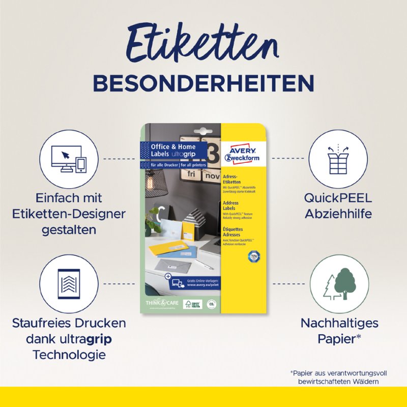 AVERY Zweckform étiquettes adresses pour bureau à domicile, 45,7×21,2 mm, blanc, 480 pièces