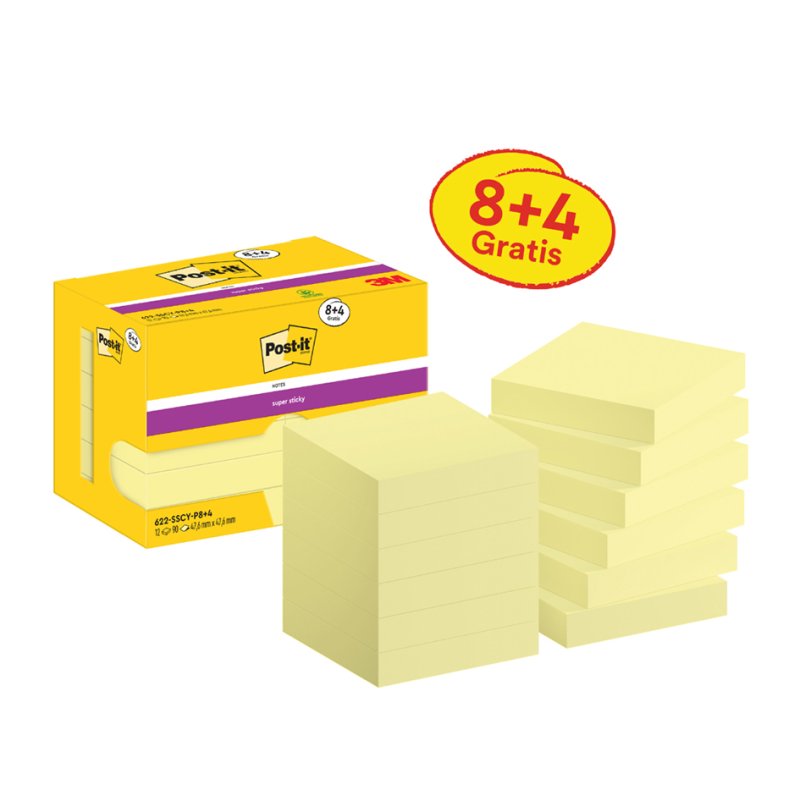 Post-it Super Sticky notes, 47,6×47,6 mm, jaune, 12 blocs