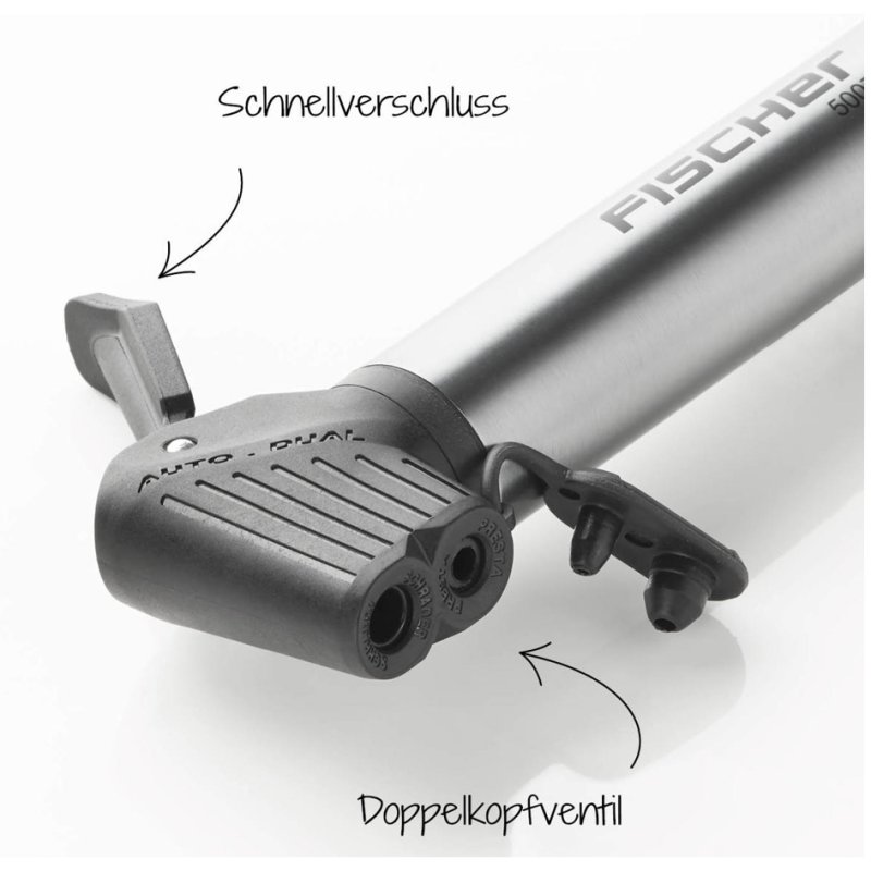 FISCHER mini-pompe vélo ALU, argent/noir, boîtier aluminium, kit de réparation inclus, 280 mm