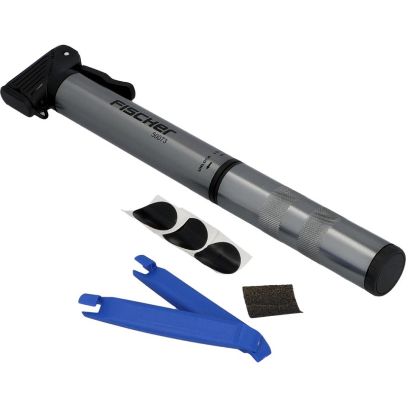 FISCHER mini-pompe vélo ALU, argent/noir, boîtier aluminium, kit de réparation inclus, 280 mm