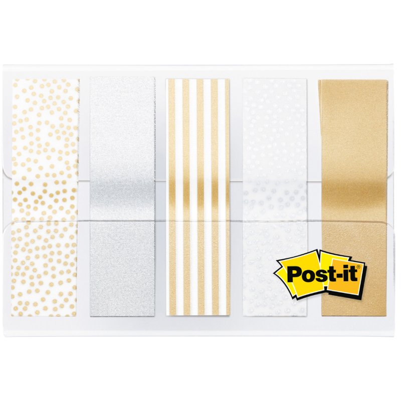 Post-it Index Mini Metallic marqueurs adhésifs, 11,9 × 43,2 mm, or/argent/blanc, 5 × 20 pièces