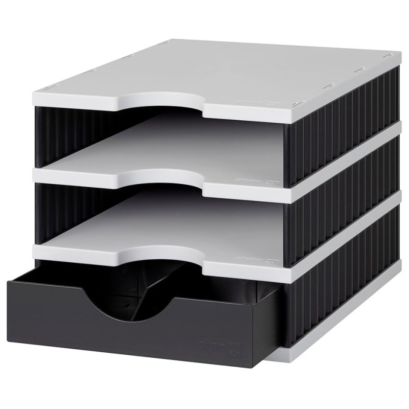 styro documentensorteerbak uno SET, 3 vakken, zwart/grijs, 248×331×223 mm