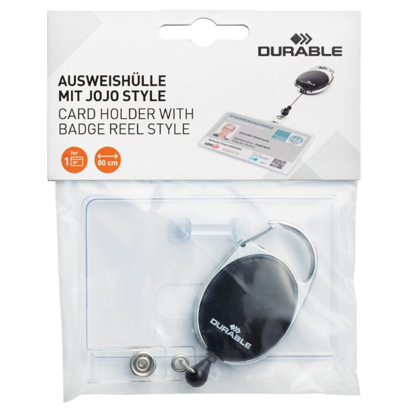 DURABLE card holder with yoyo for 1 card, 54×87 mm, carabiner clip