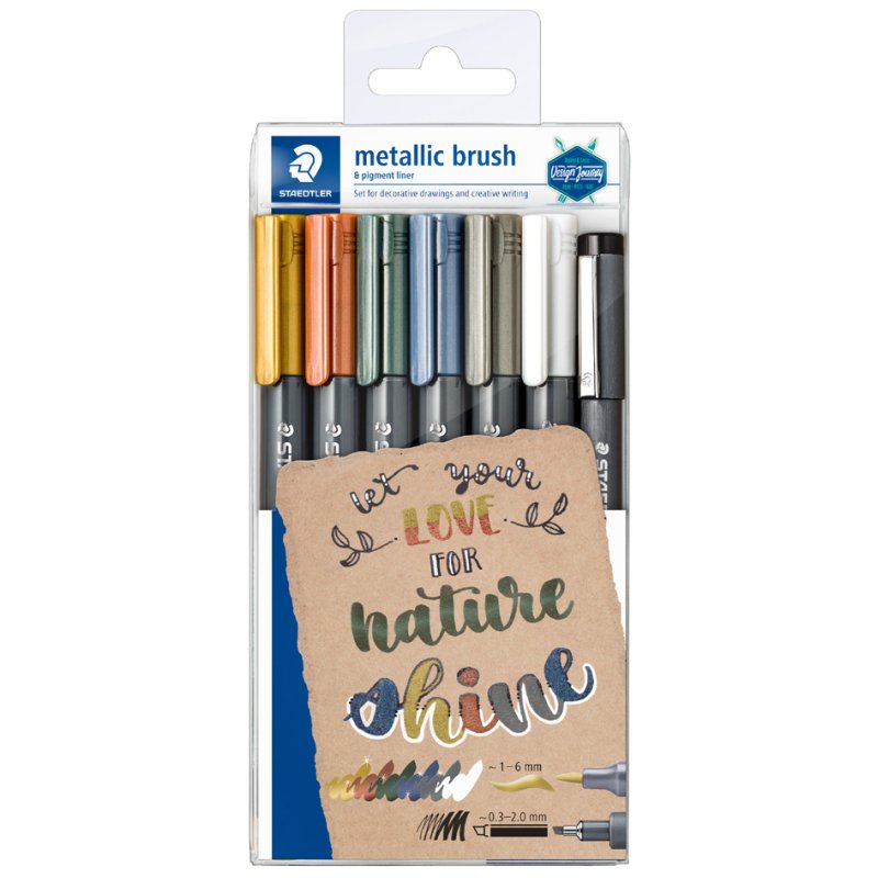 STAEDTLER metallic brush pen set, 6 pieces with pigmentliner, 1.0-6.0 mm