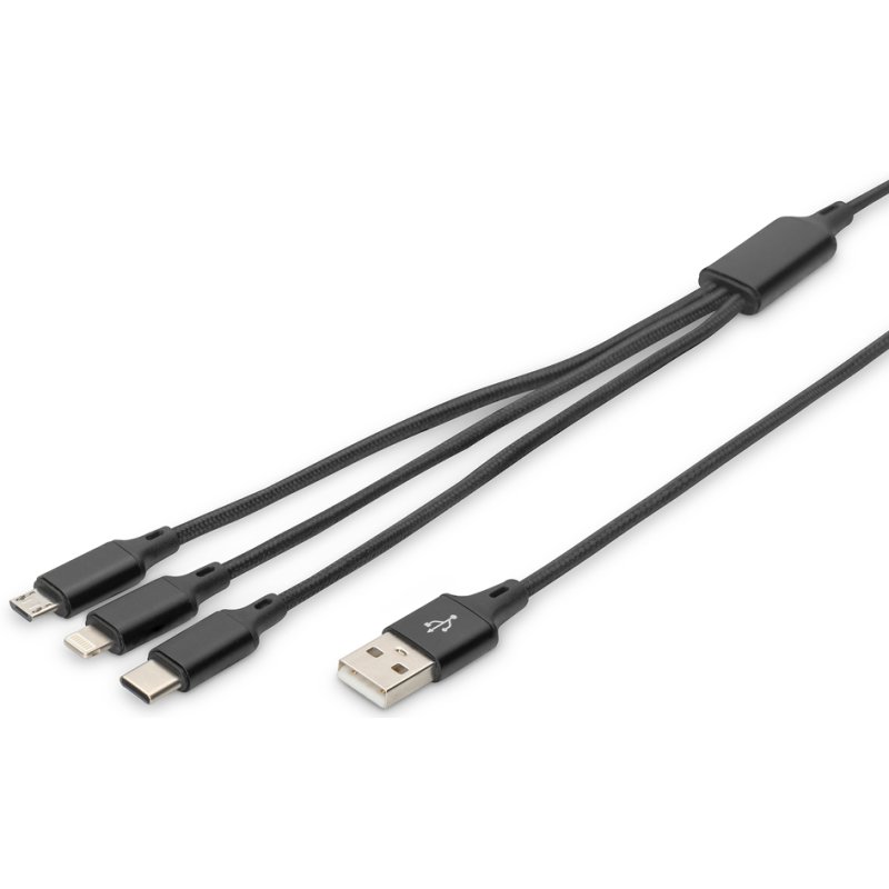 DIGITUS 3-in-1 oplaadkabel USB-A naar Lightning/Micro-USB/USB-C, zwart, 1 m