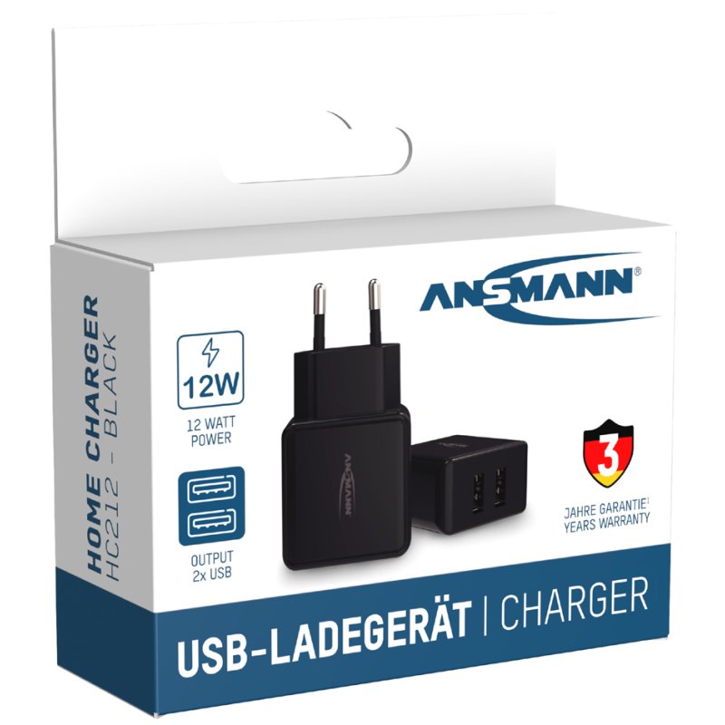 ANSMANN USB-thuislader HC212, 2x USB-A, wit, 2400 mA
