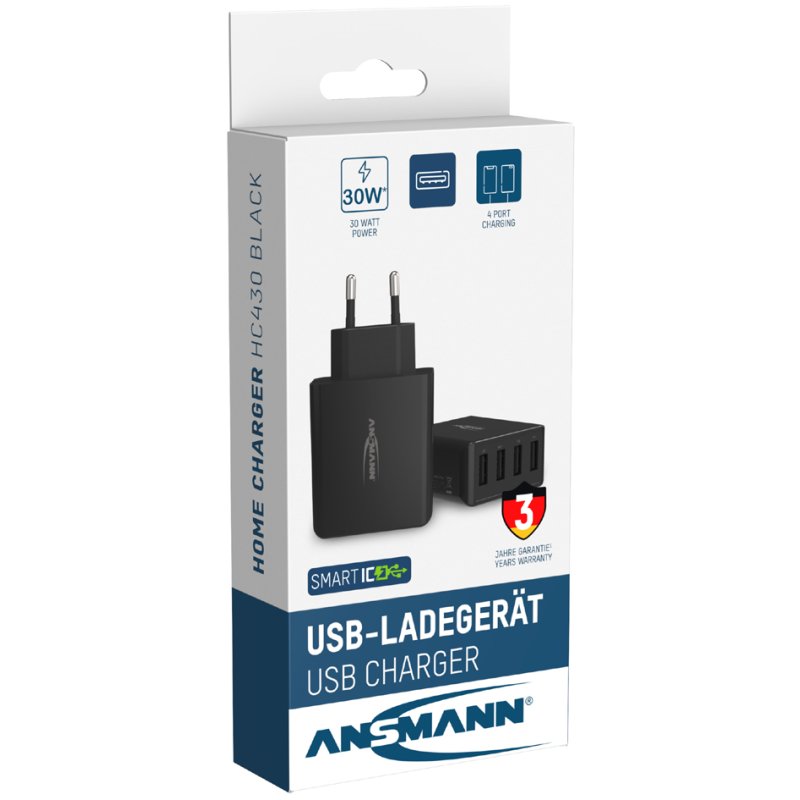 ANSMANN USB-lader Home Charger HC430, 4 USB-A-poorten, zwart, 30 Watt