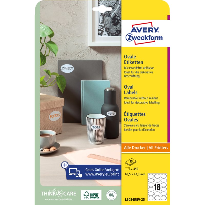 AVERY Zweckform étiquettes réutilisables ovales, 63,5 × 42,3 mm, blanc, 450 pièces