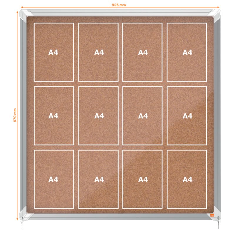 nobo vitrinekast Premium Plus, kurk achterwand, 12 x A4, aluminium frame