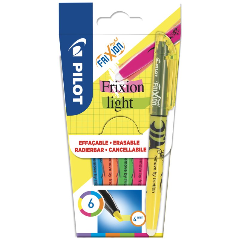 PILOT FRIXION Light highlighters, erasable ink, 6-piece case, assorted colours