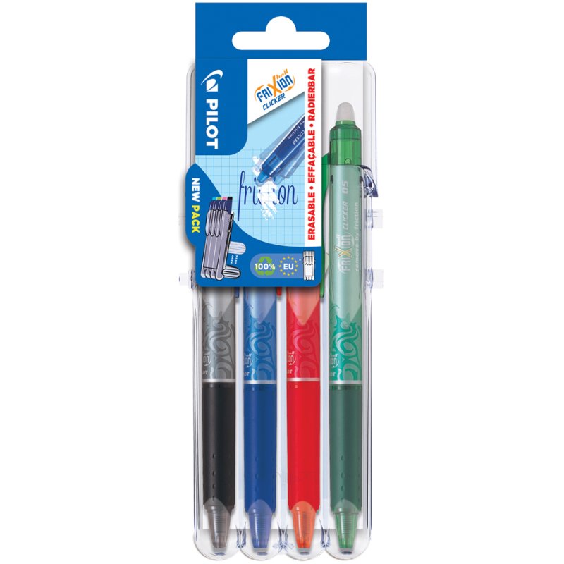 PILOT FRIXION BALL CLICKER gel rollerball pens, 0.5 mm, pack of 4, black/blue/red/green