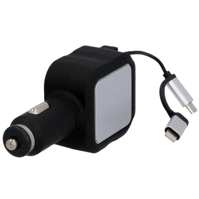 Cartrend Chargeur automobile double USB, câble micro-USB rétractable, noir, 2,1A