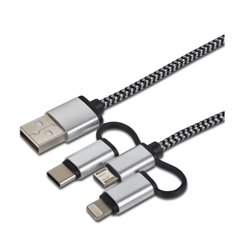 cartrend Câble de charge 3-en-1 Lightning/Micro-USB/USB-C, noir/argent, 1,0 m