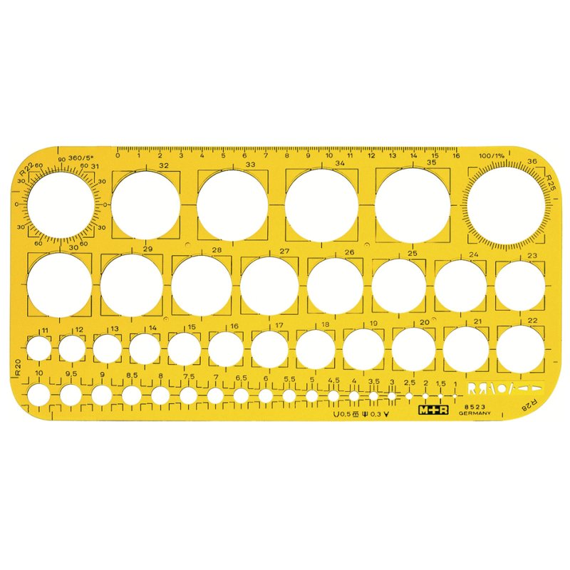 M+R cirkelsjabloon 1-36 mm, geel-transparant, polystyrol