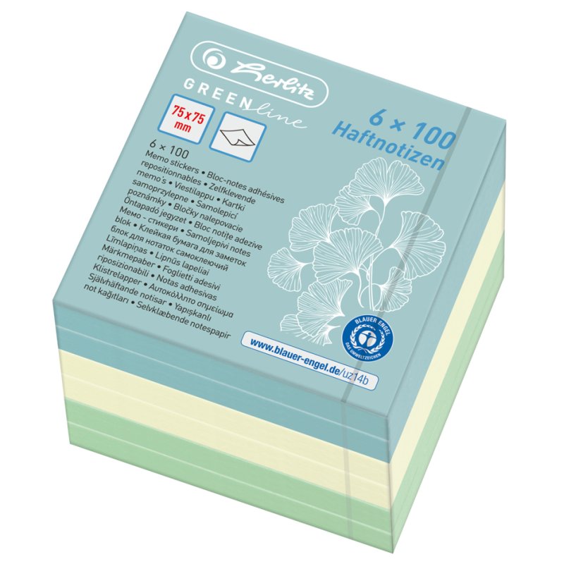 herlitz blocs-mémo réutilisables GREENline, 75×75 mm, 3 couleurs, 600 feuilles