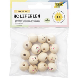 folia houten kralen schattige gezichtjes, rond, 15 mm, 15 stuks