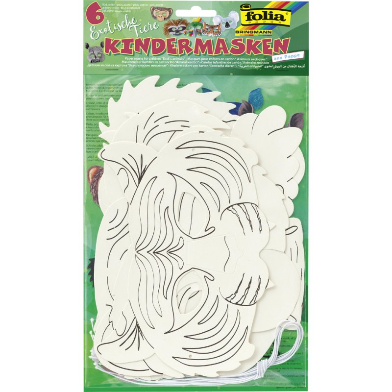 folia kartonnen maskers kinderen exotische dieren, 6 motieven, 6 stuks, 250 g/m²