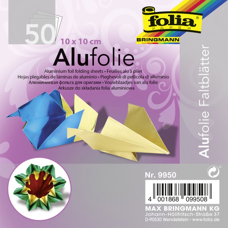 folia aluminium vouwblaadjes, 150×150 mm, diverse kleuren, 50 vel