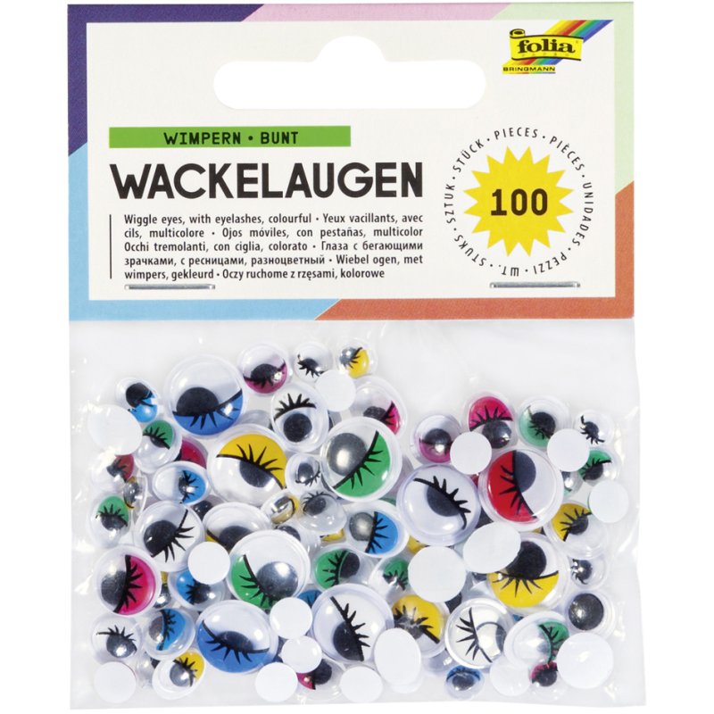 folia wigoogjes met wimpers, 6 maten gesorteerd, diverse kleuren, 100 stuks