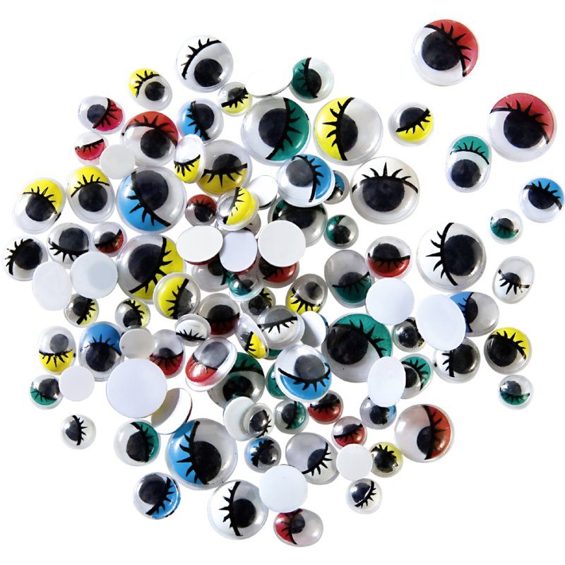 folia wigoogjes met wimpers, 6 maten gesorteerd, diverse kleuren, 100 stuks