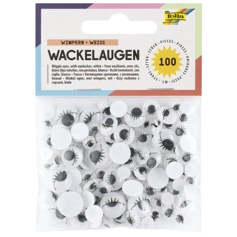 folia wigoogjes met wimpers, 6 maten gesorteerd, diverse kleuren, 100 stuks